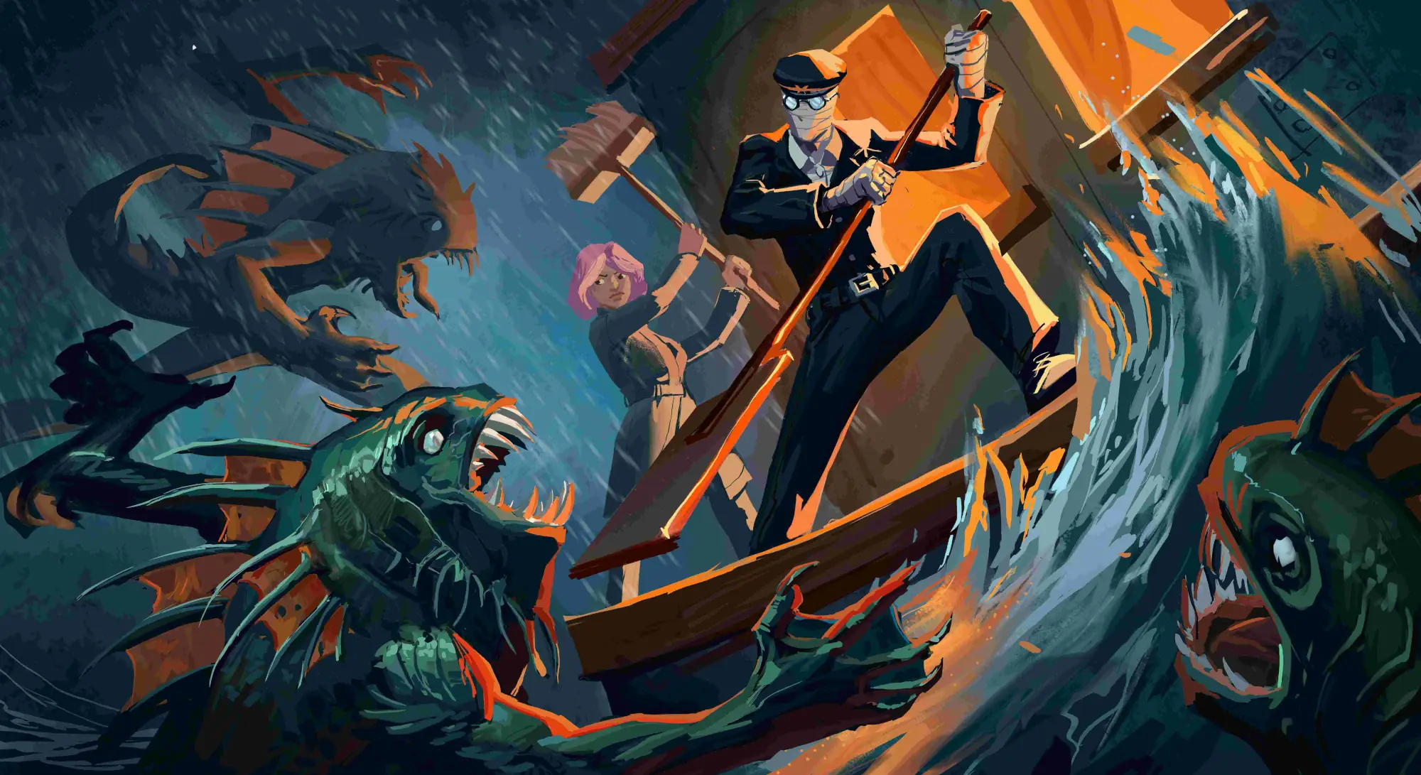 Bandage wrapped man dressed as a sea captain fighting a large sea creature while standing on a boat in the middle of a stormy night at sea