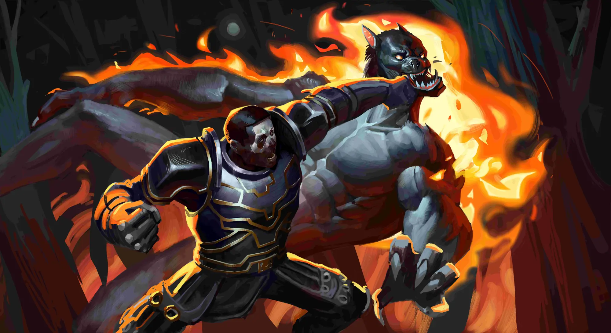 Armored warrior punching a large monster