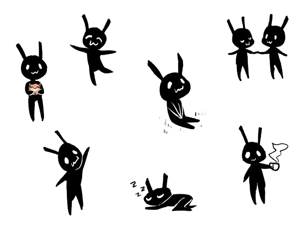 Illustration of several small all black characters with tall ears on top of their heads engaging in various activities such as dancing, drinking coffee, and napping