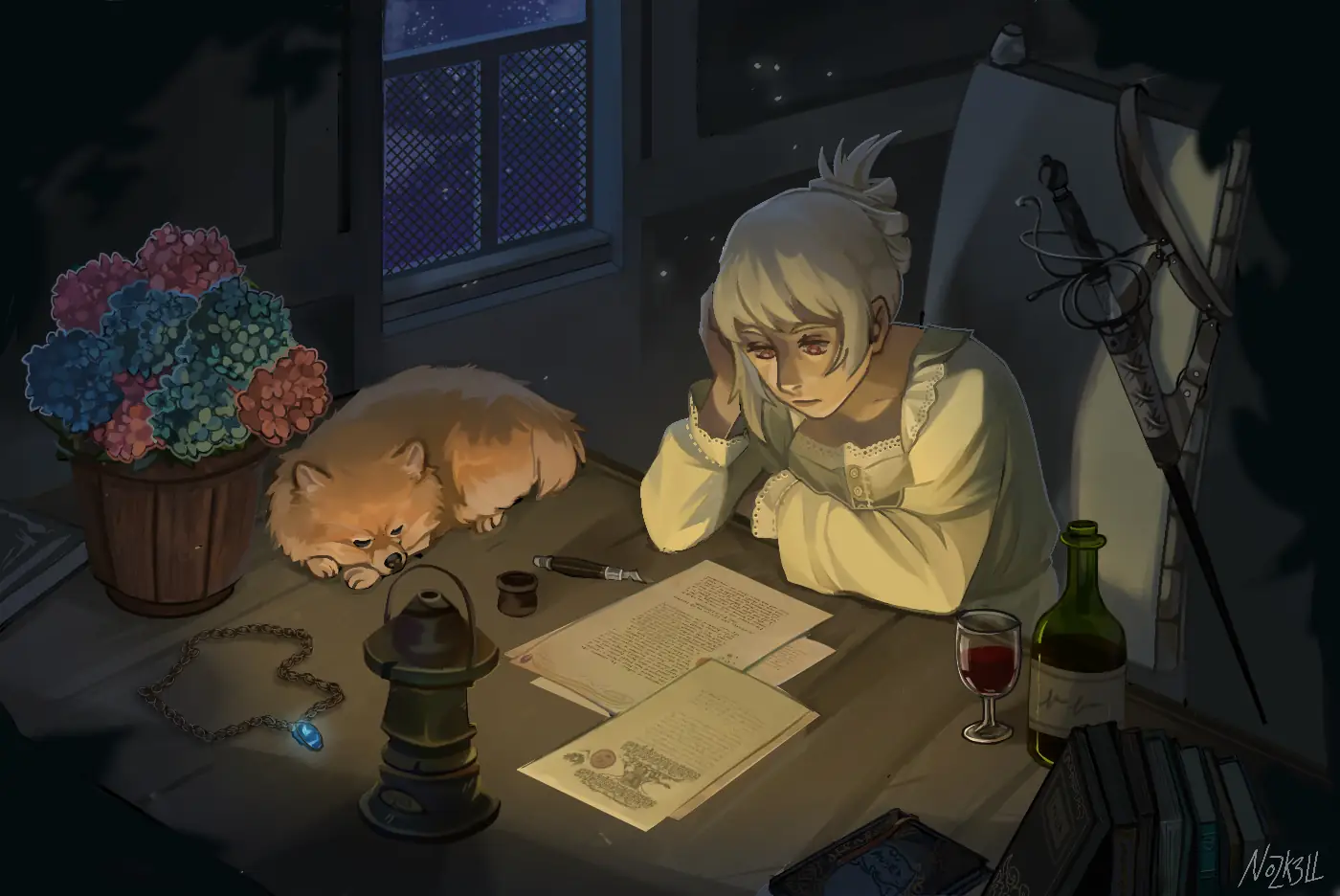 Illustration showing a white haired woman at a desk reading a book by lamp light