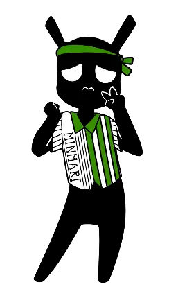Illustration of an all black character with tall ears on top of her head, wearing a green and white striped shirt with the word "Minimart" down one side