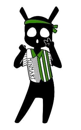 Illustration of an all black character with tall ears on top of her head, wearing a green and white striped shirt with the word "Minimart" down one side