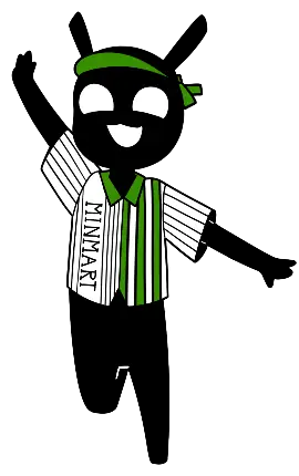 Illustration of an all black character with tall ears on top of her head, wearing a green and white striped shirt with the word "Minimart" down one side