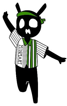 Illustration of an all black character with tall ears on top of her head, wearing a green and white striped shirt with the word "Minimart" down one side