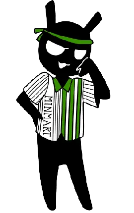 Illustration of an all black character with tall ears on top of her head, wearing a green and white striped shirt with the word "Minimart" down one side