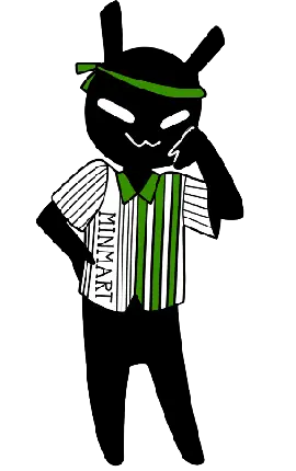 Illustration of an all black character with tall ears on top of her head, wearing a green and white striped shirt with the word "Minimart" down one side